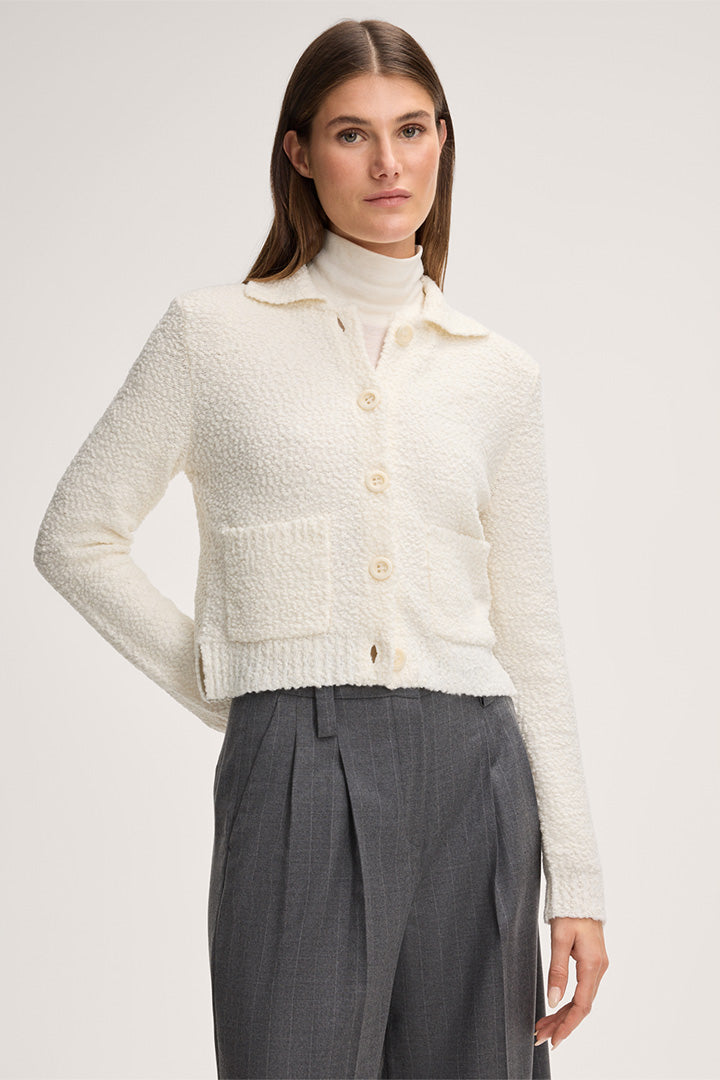 Schurwollmix-Tweed-Cardigan mit Hemdkragen in Ecru