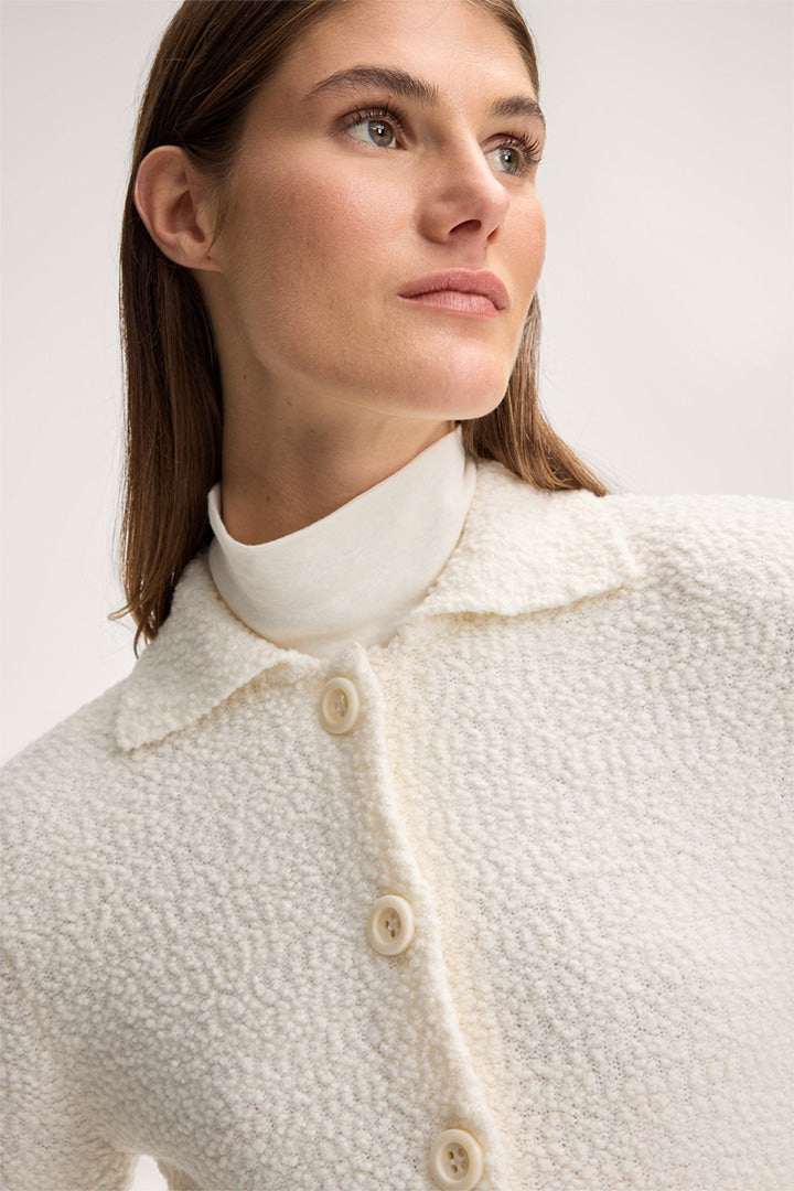 Schurwollmix-Tweed-Cardigan mit Hemdkragen in Ecru