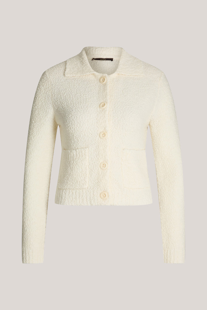 Schurwollmix-Tweed-Cardigan mit Hemdkragen in Ecru