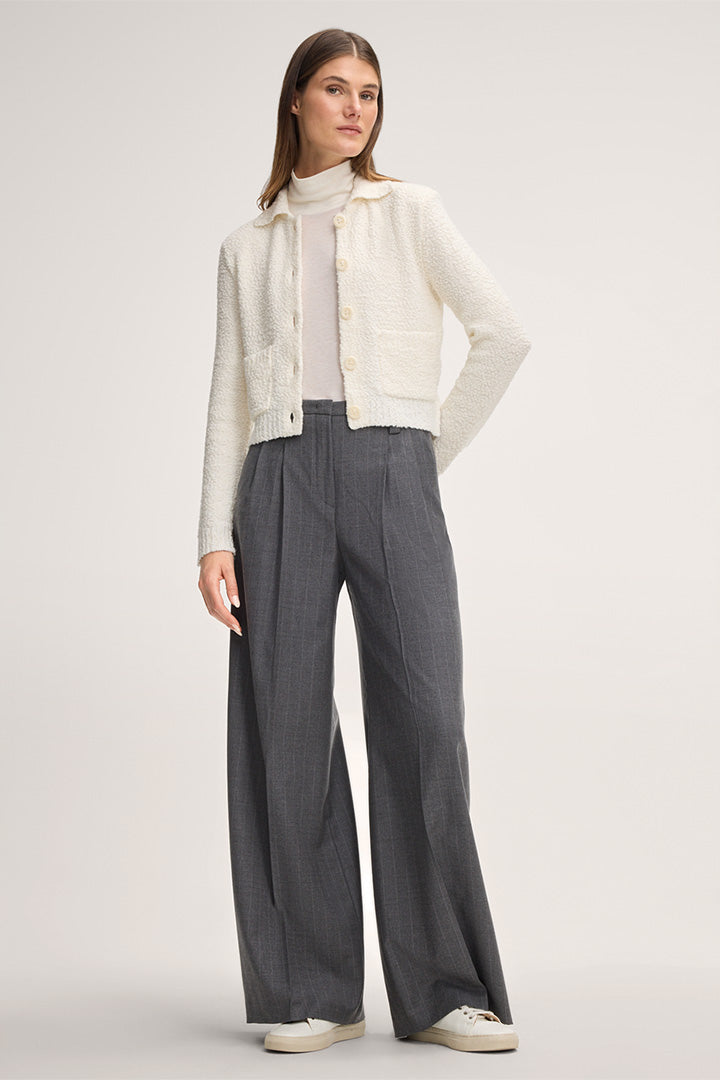Schurwollmix-Tweed-Cardigan mit Hemdkragen in Ecru