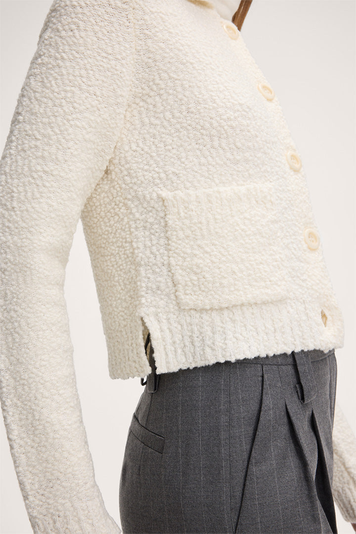 Schurwollmix-Tweed-Cardigan mit Hemdkragen in Ecru