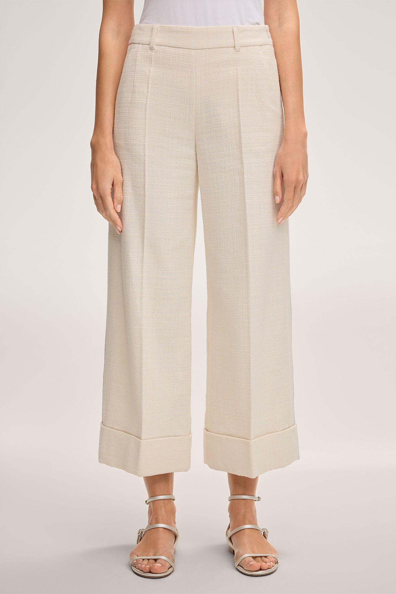 Baumwollmix-Bundfalten-Culotte-Hose in Ecru