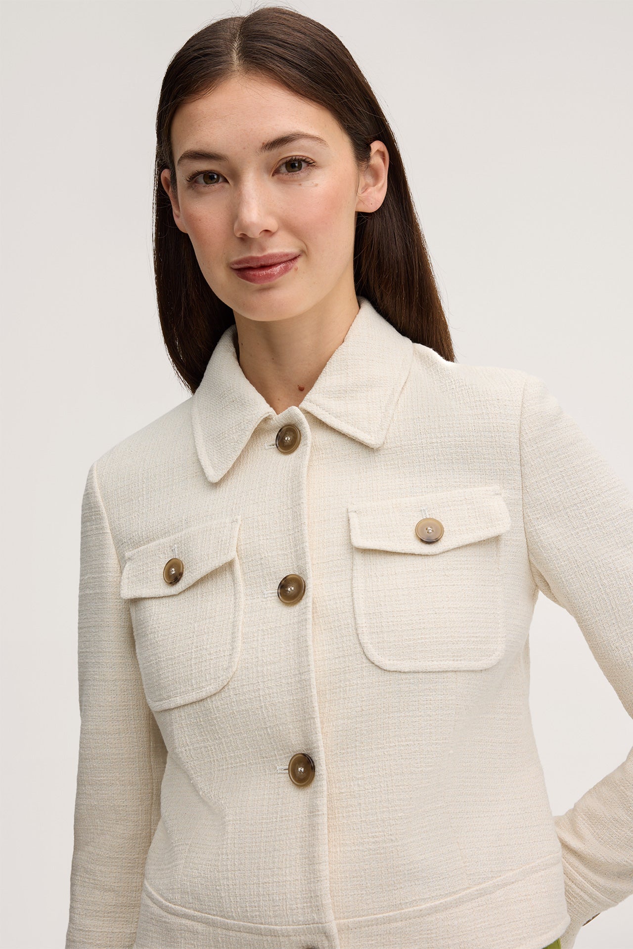 Baumwollmix-Kurz-Blazer-Jacke in Ecru