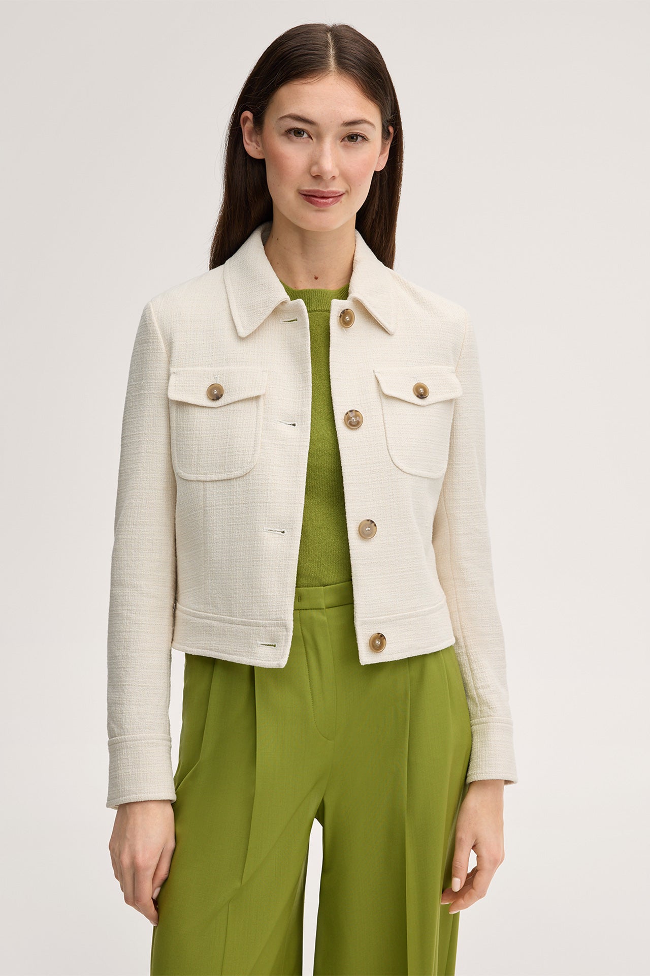 Baumwollmix-Kurz-Blazer-Jacke in Ecru