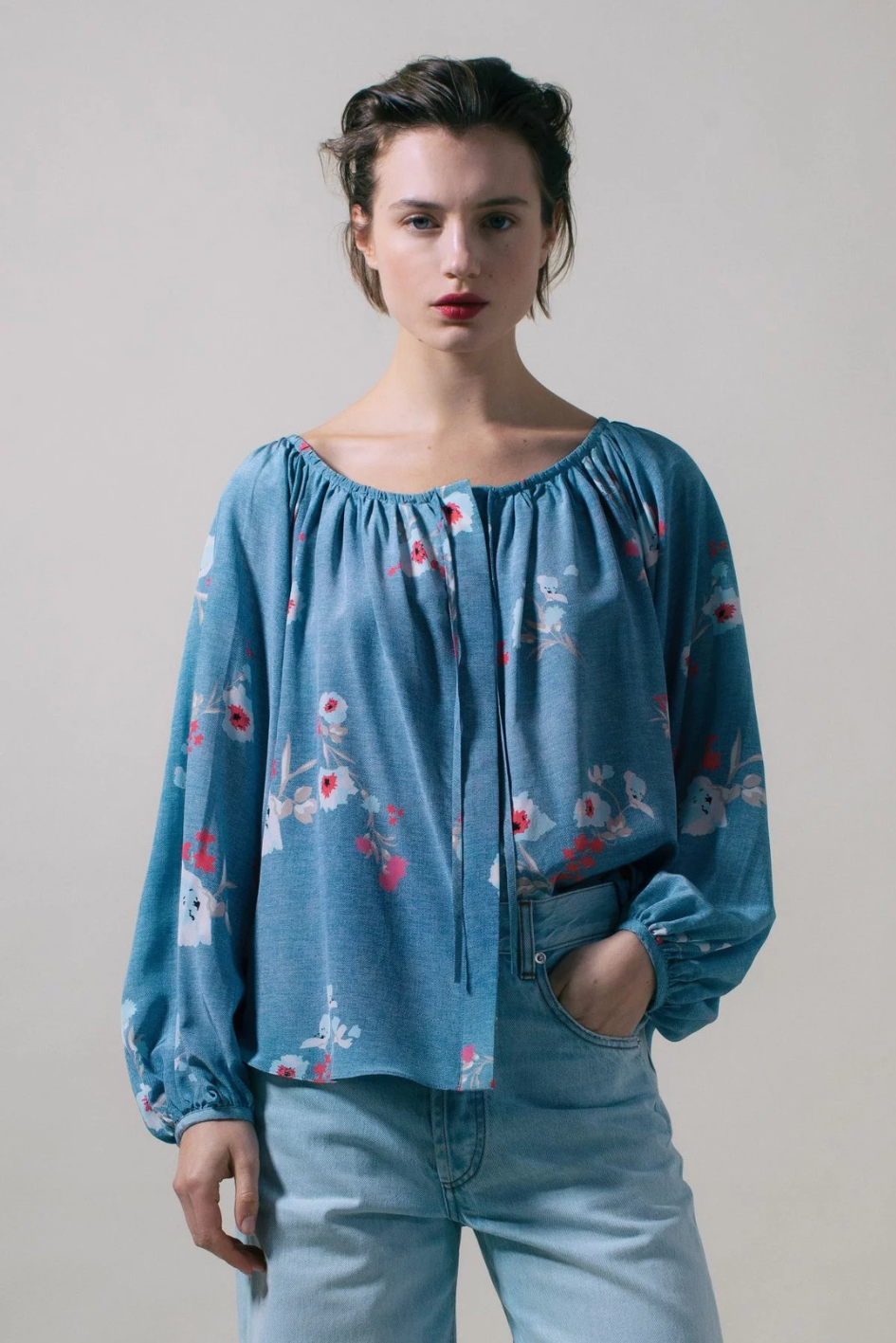 Floral Blouse with Wide Neckline