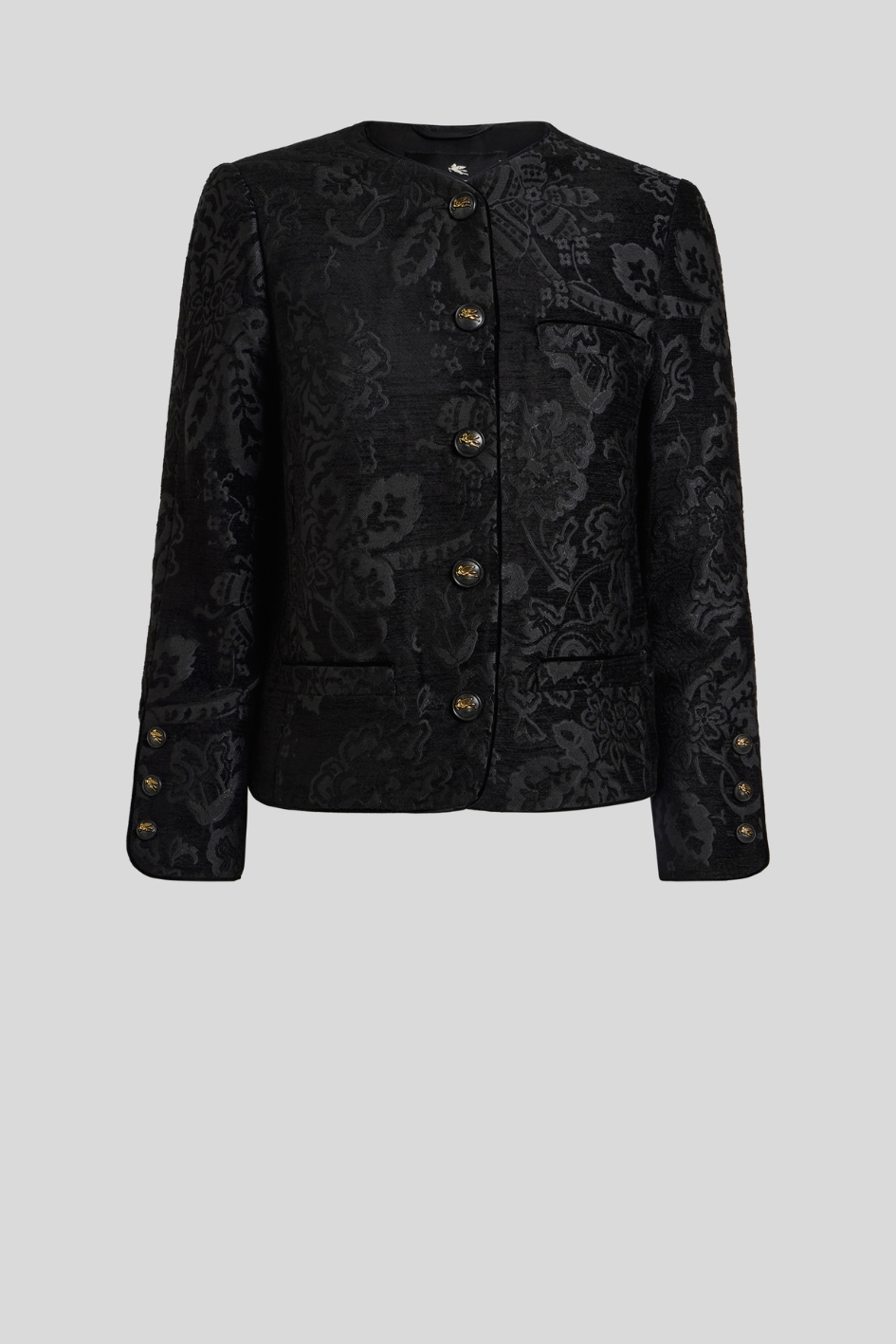 Black Tonal Jacquard Collarless Jacket