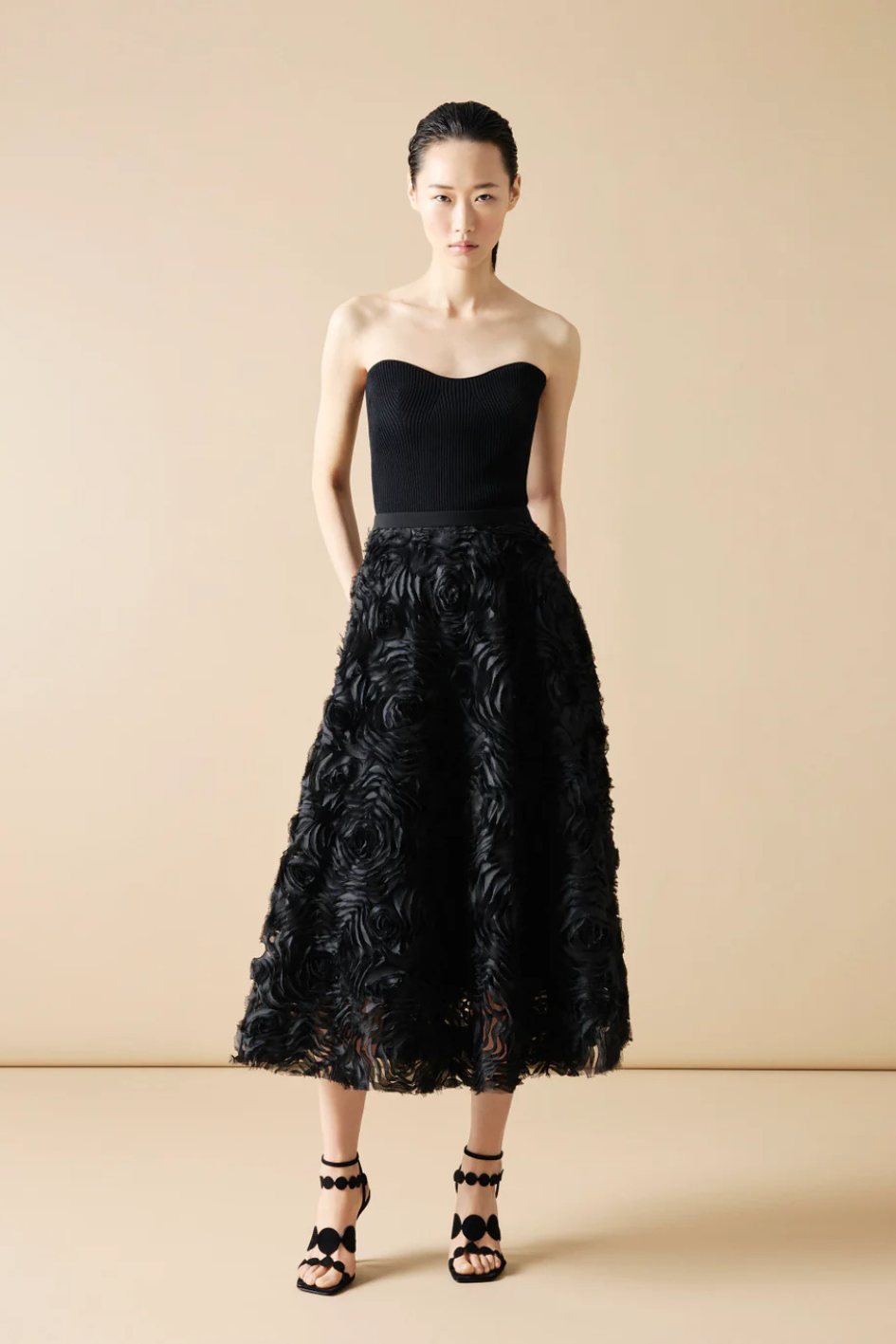 A-Line Midi Skirt with 3D Carnation Embroidery