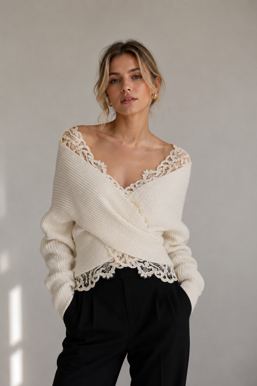 Lace-Trim Wrap Knit Sweater