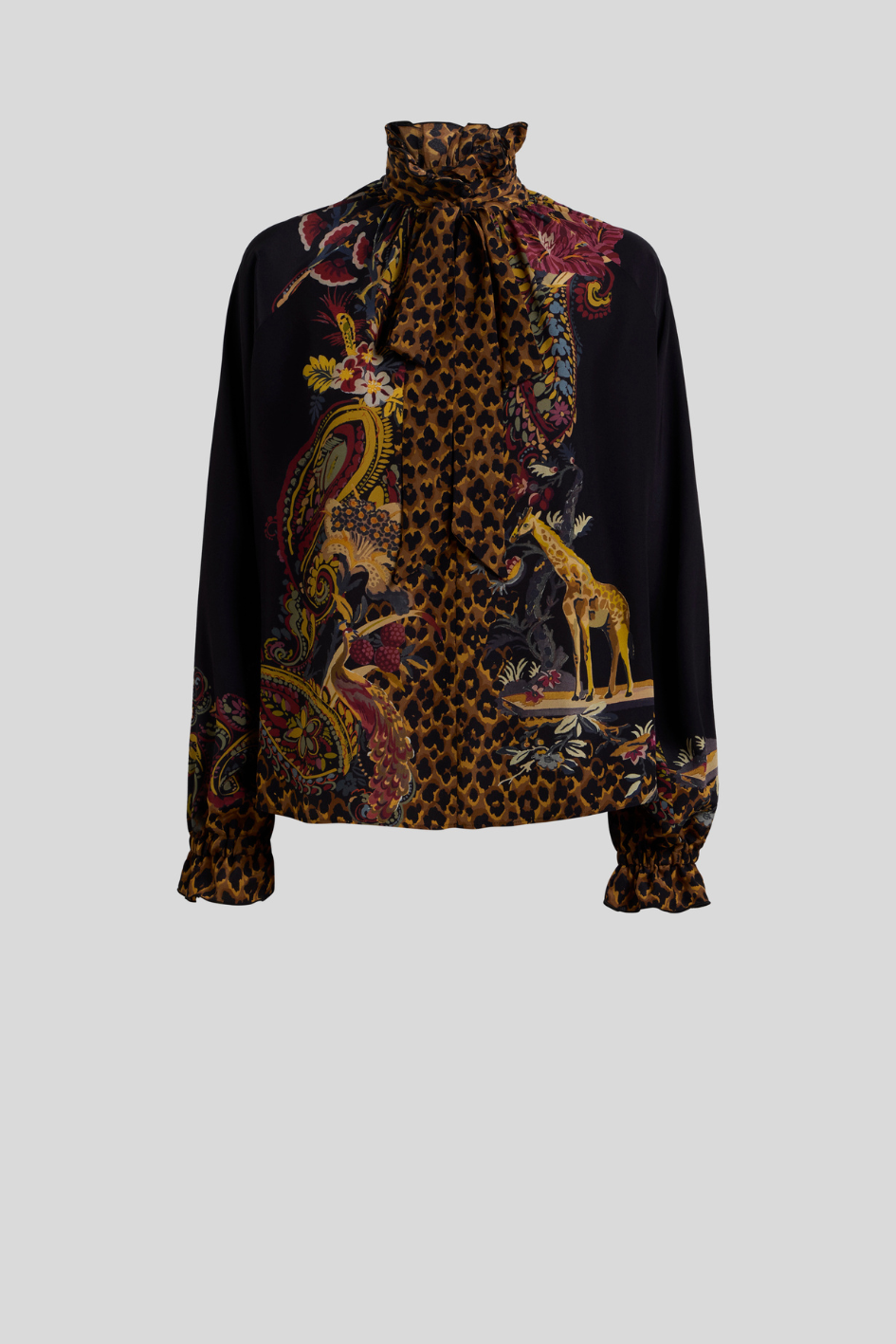 Safari Print Silk Blouse with Leopard Bow Tie