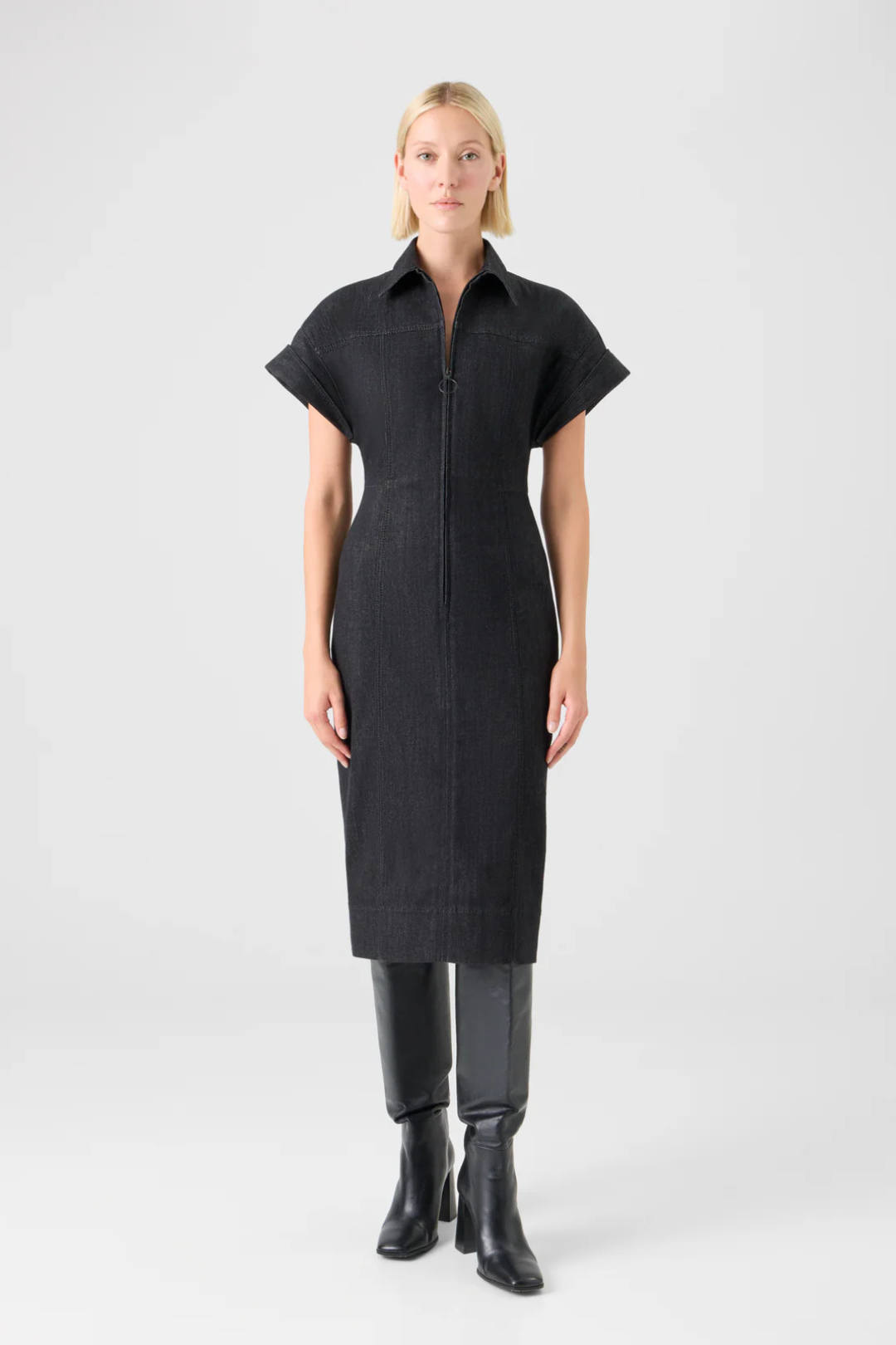 Fitted Cotton Stretch Denim Midi Dress with Polo Zip