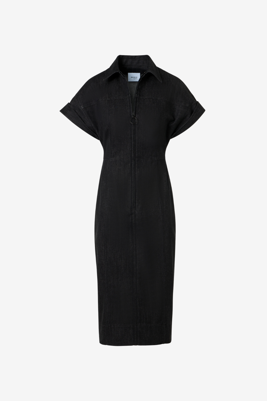 Fitted Cotton Stretch Denim Midi Dress with Polo Zip