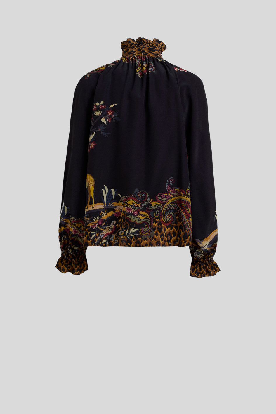 Safari Print Silk Blouse with Leopard Bow Tie