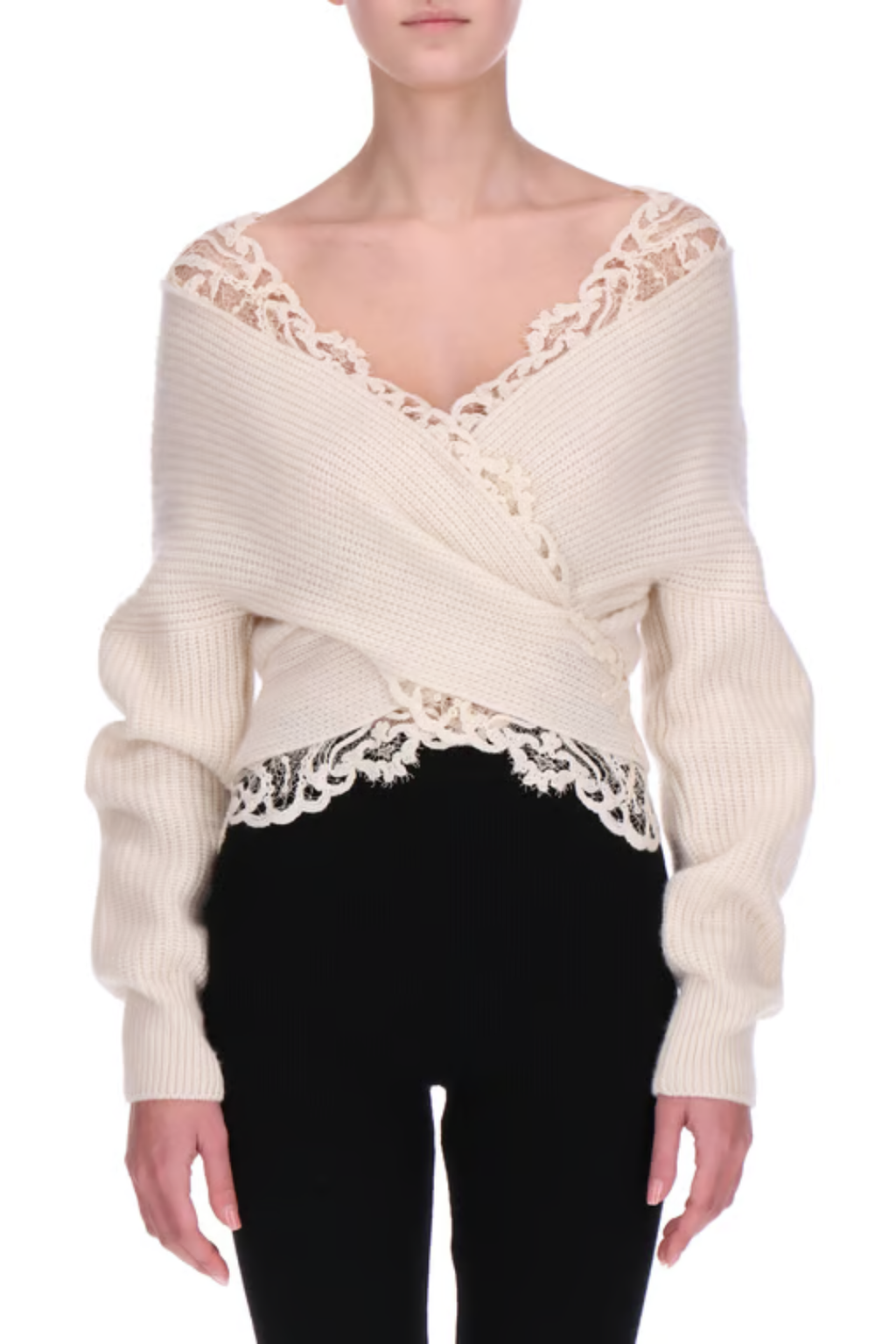 Lace-Trim Wrap Knit Sweater