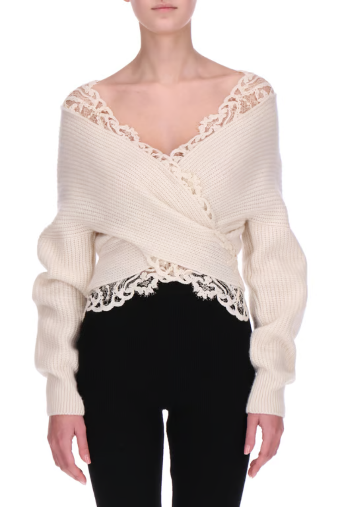 Lace-Trim Wrap Knit Sweater
