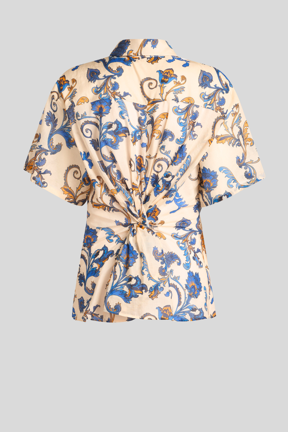 Printed Short-Sleeve Blouse with Knotted Back