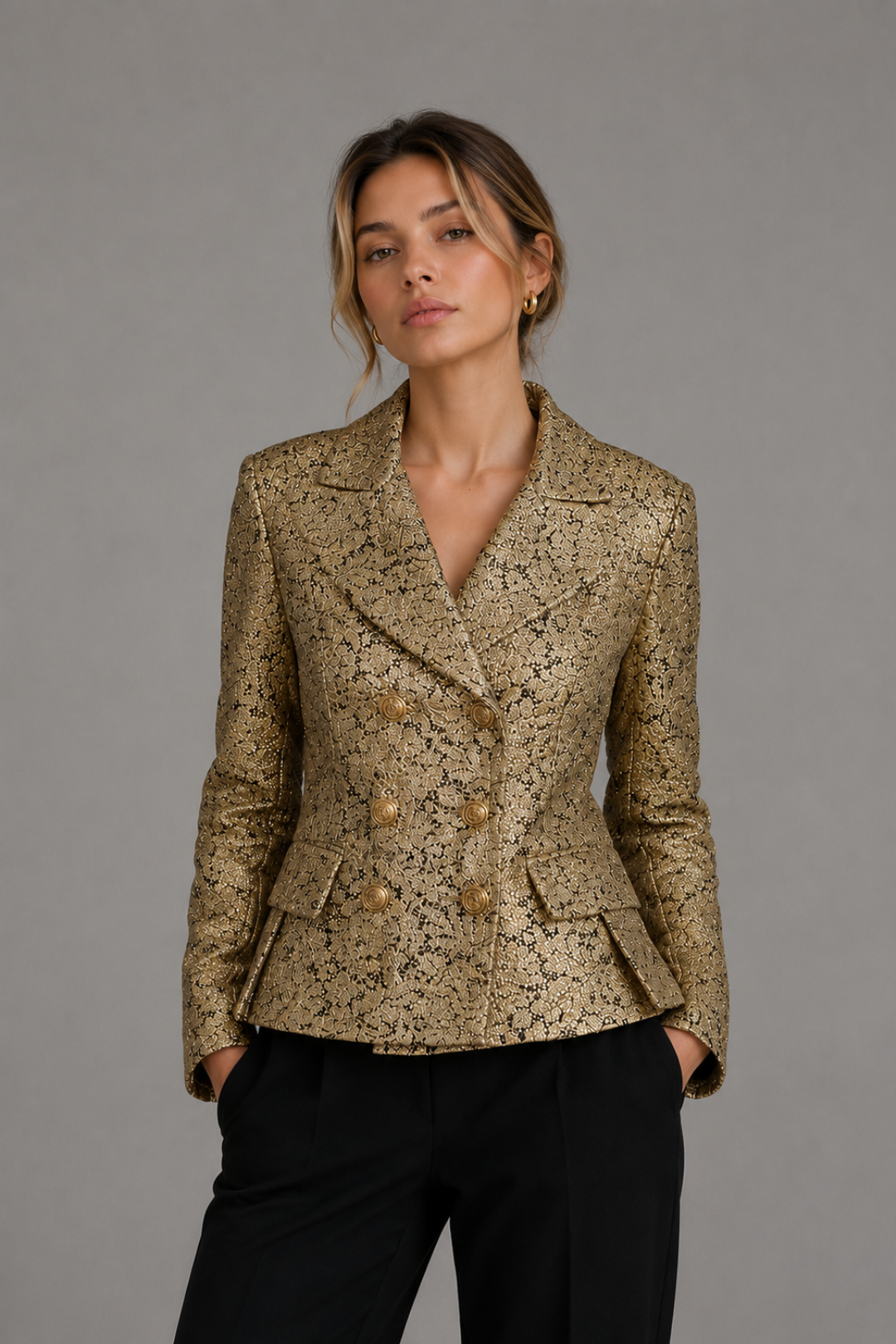 Metallic Brocade Double-Breasted Blazer