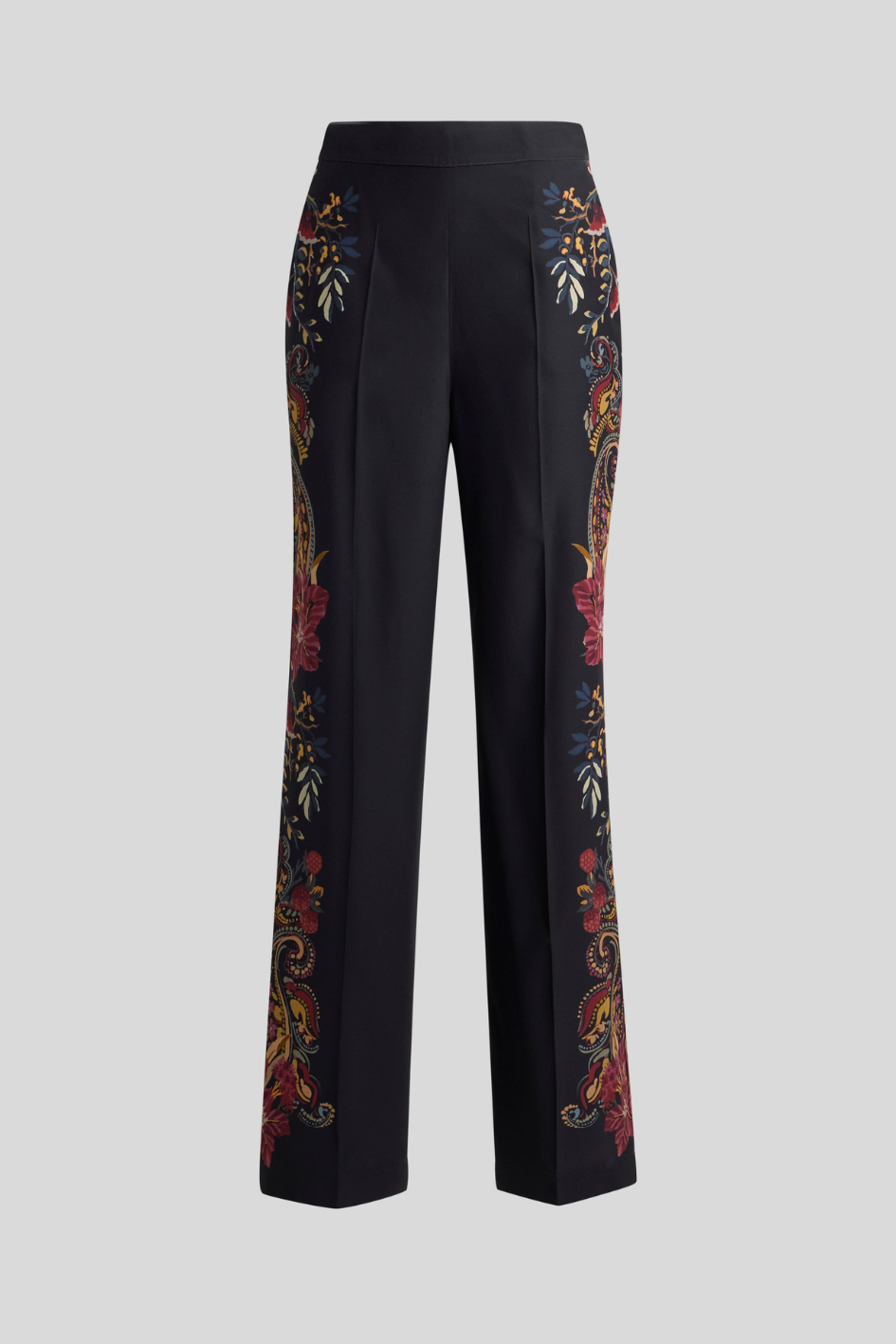 Black Straight-Leg Trousers with Ornamental Floral Print