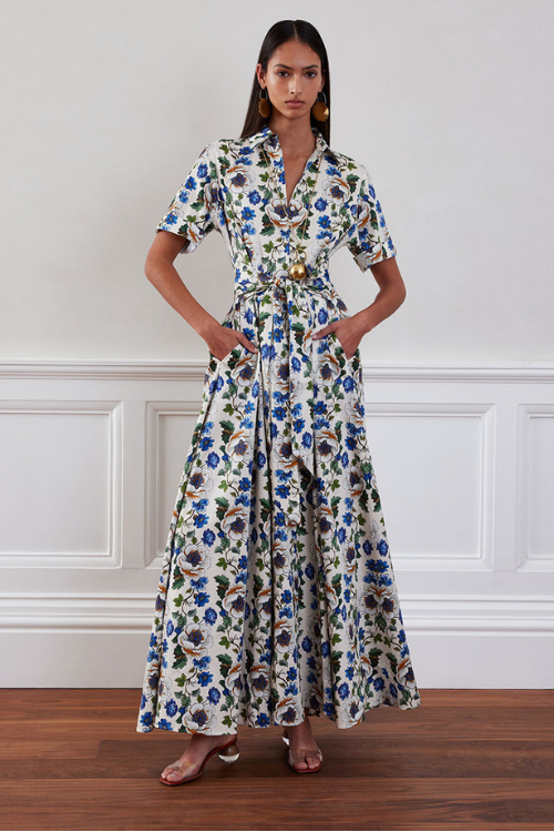 Floral Posie Short-Sleeve Belted Maxi Dress in White