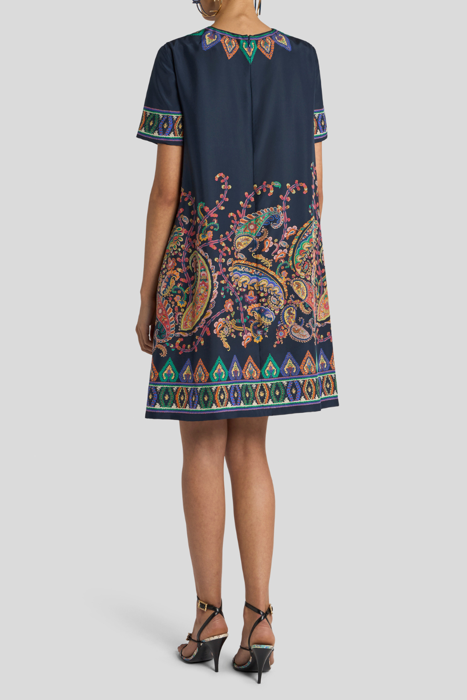 Printed Short Sleeve A-Line Dress with Border Detail