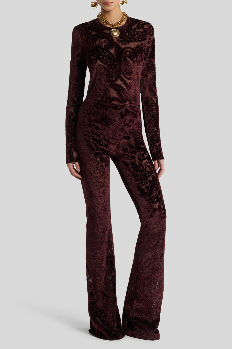 Velvet Jacquard Flares in Deep Burgundy