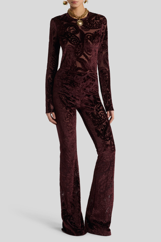 Velvet Jacquard Flares in Deep Burgundy
