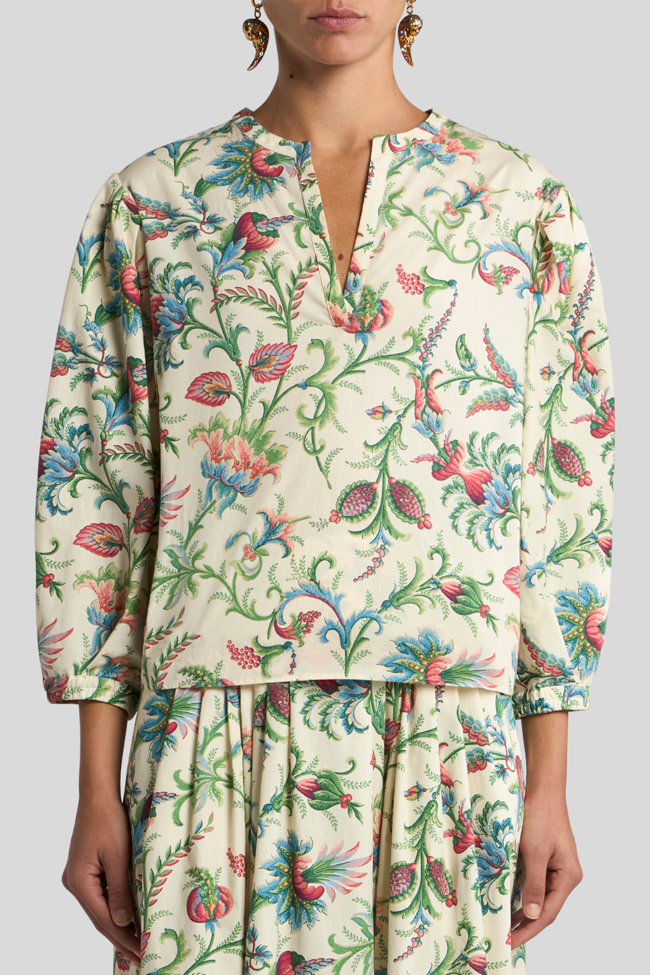 Floral Print Long Sleeve Blouse with Split Neck