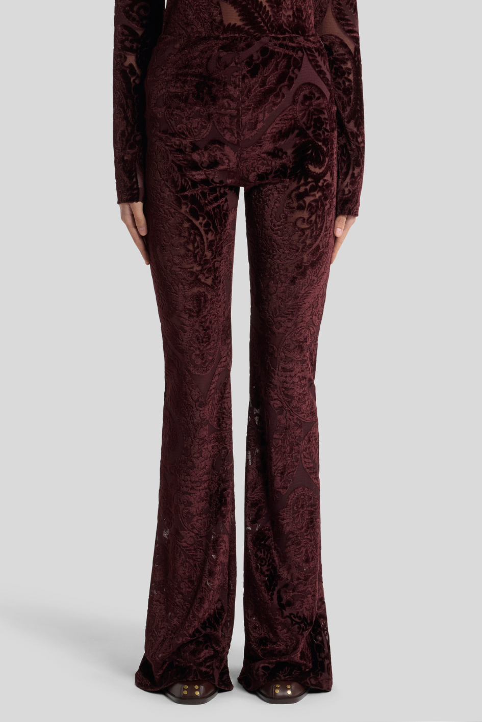 Velvet Jacquard Flares in Deep Burgundy