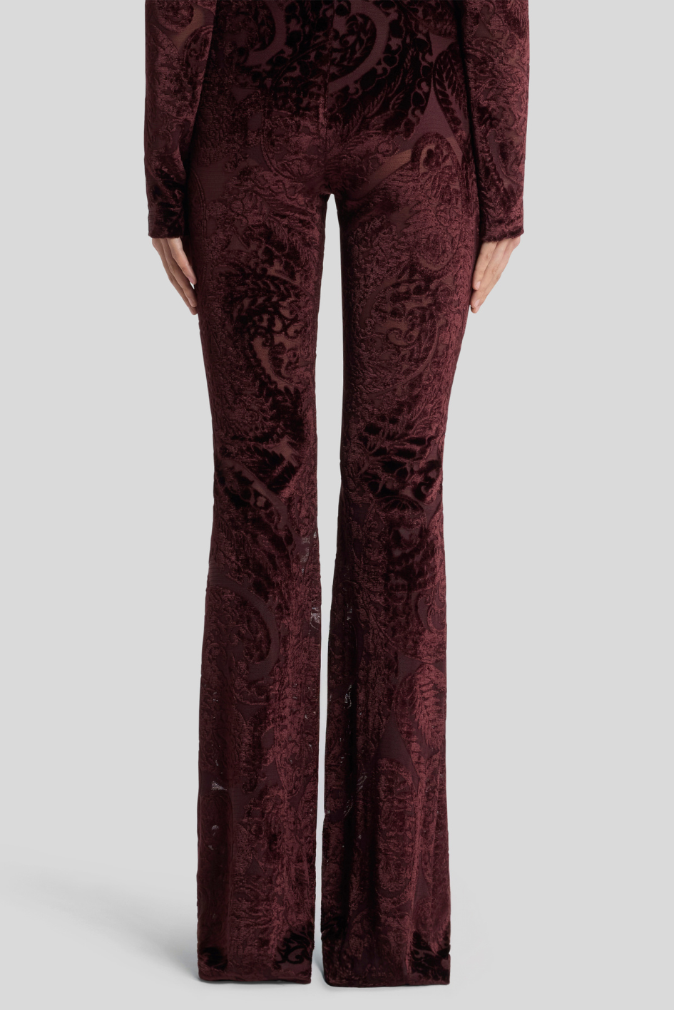 Velvet Jacquard Flares in Deep Burgundy