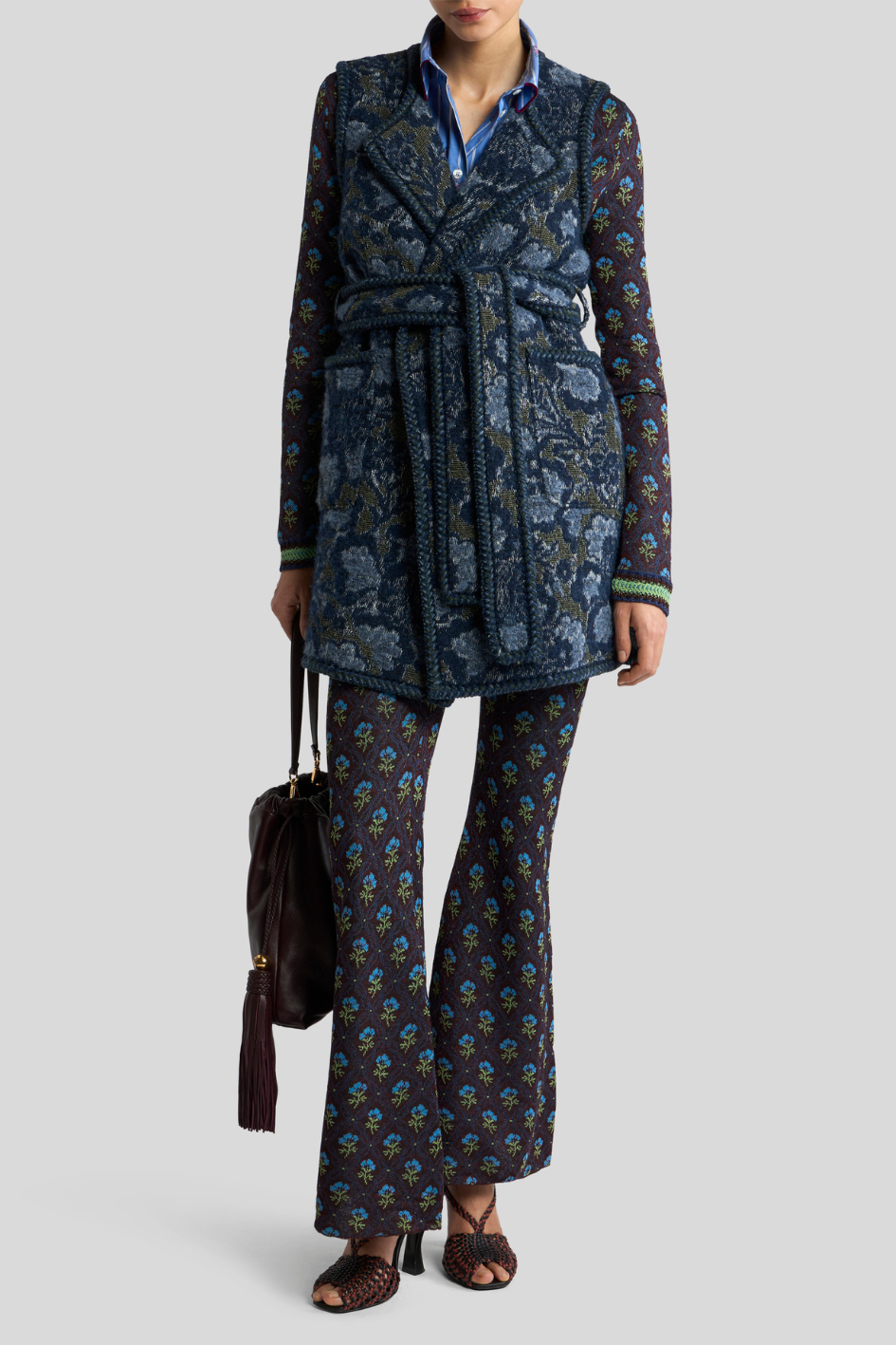 Blue Floral Jacquard Belted Knit Vest