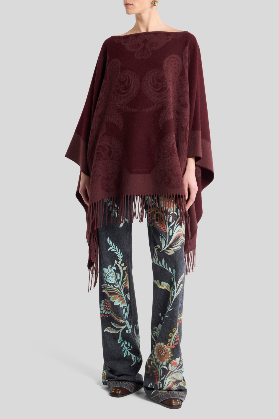 Paisley Jacquard Wool Poncho with Fringes