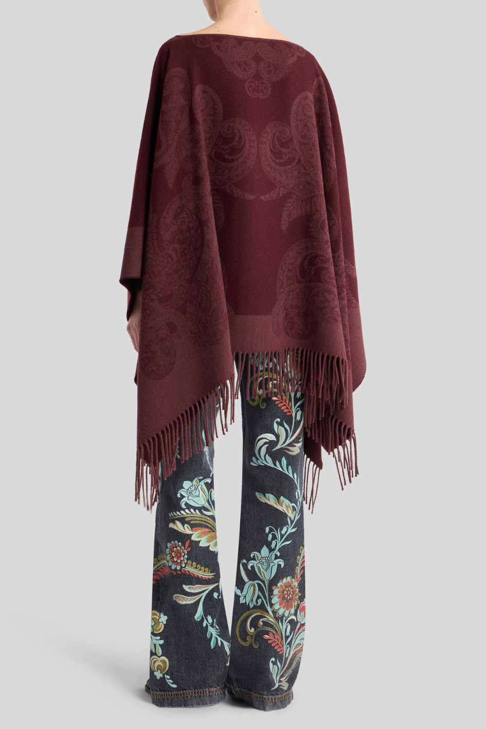 Paisley Jacquard Wool Poncho with Fringes