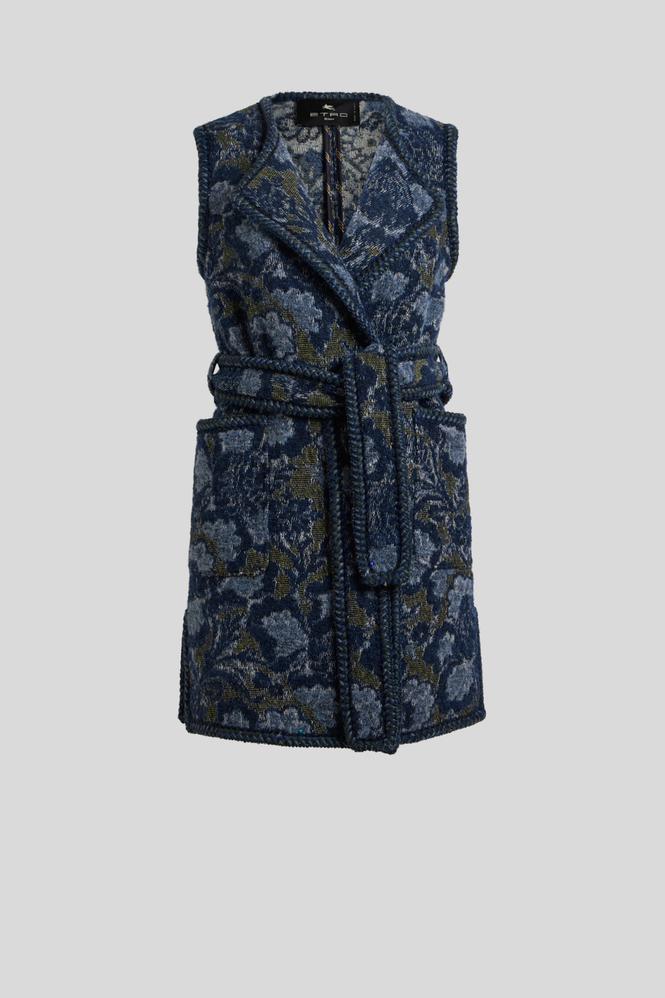 Blue Floral Jacquard Belted Knit Vest