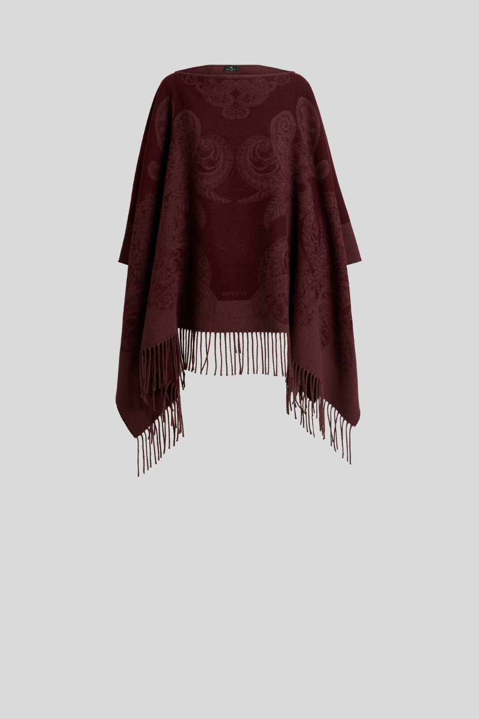 Paisley Jacquard Wool Poncho with Fringes