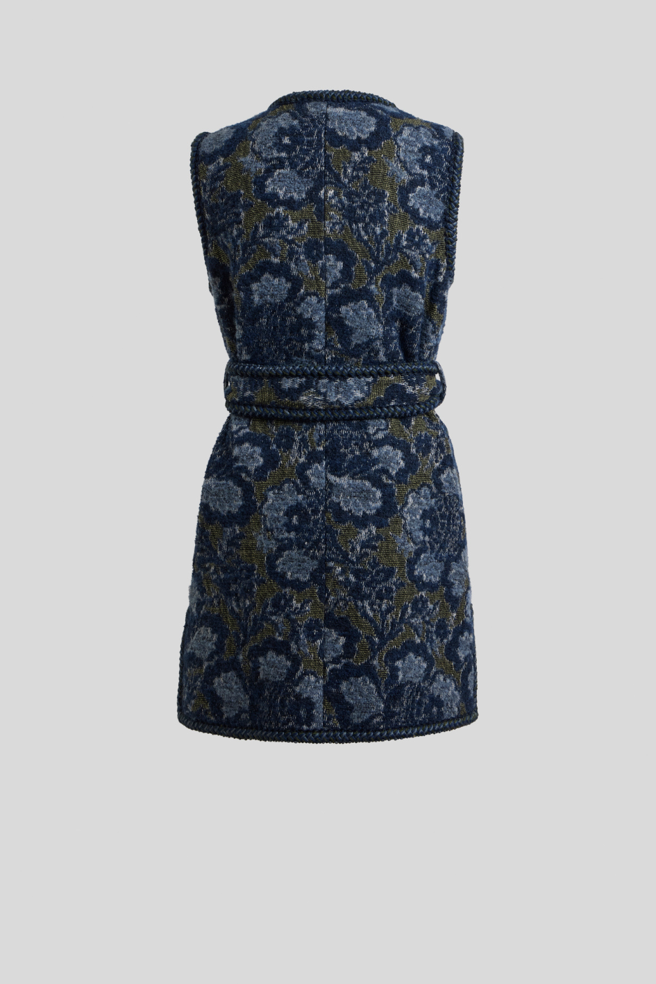 Blue Floral Jacquard Belted Knit Vest