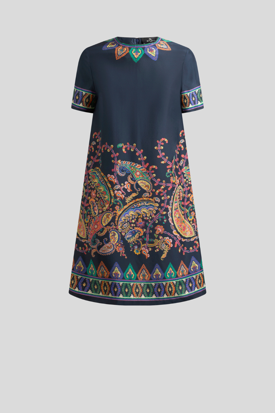 Printed Short Sleeve A-Line Dress with Border Detail