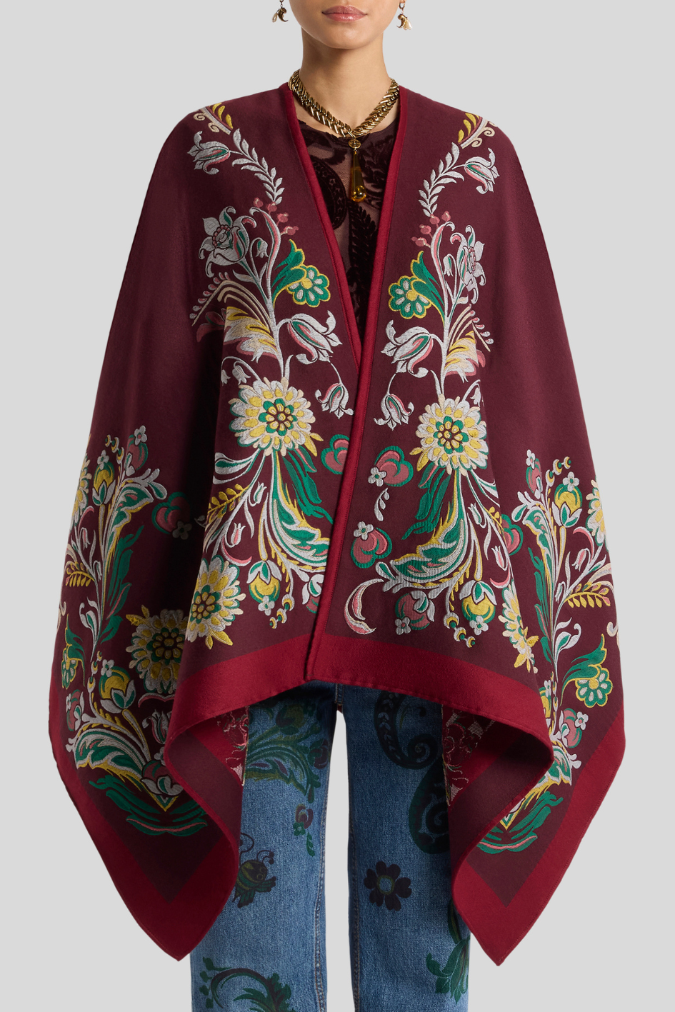 Floral Embroidered Cape in Deep Burgundy