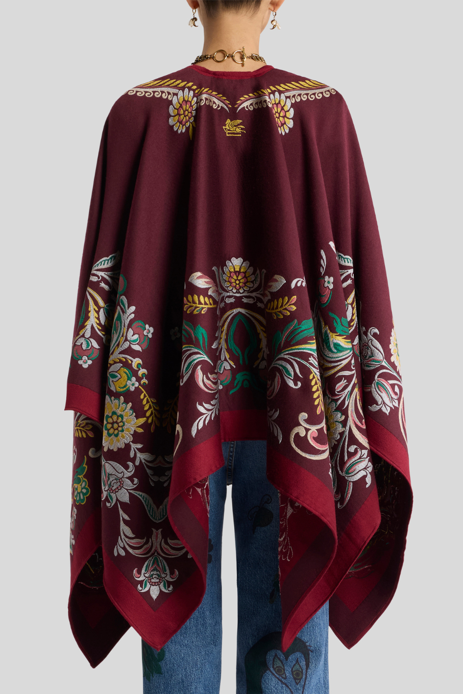 Floral Embroidered Cape in Deep Burgundy