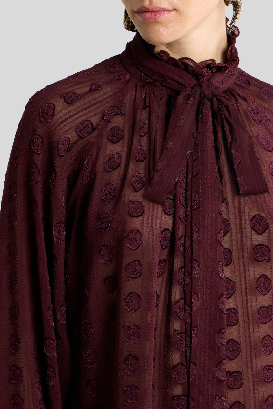 Sheer Plum Tie-Neck Blouse