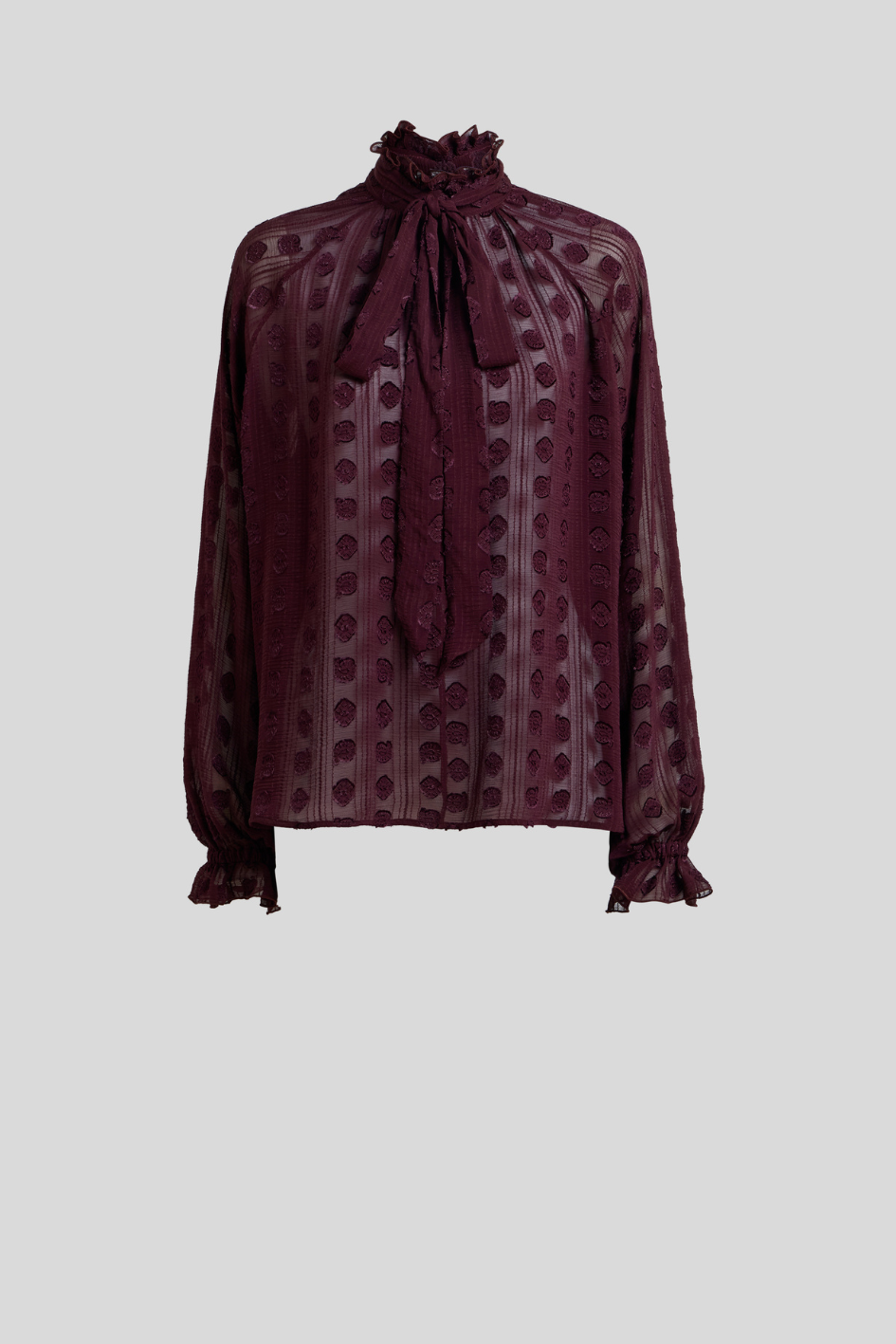 Sheer Plum Tie-Neck Blouse