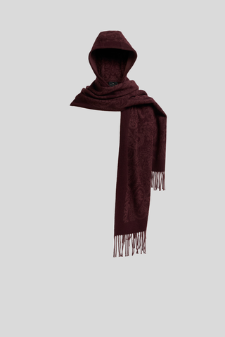 Jacquard Wool Hooded Scarf with Fringes