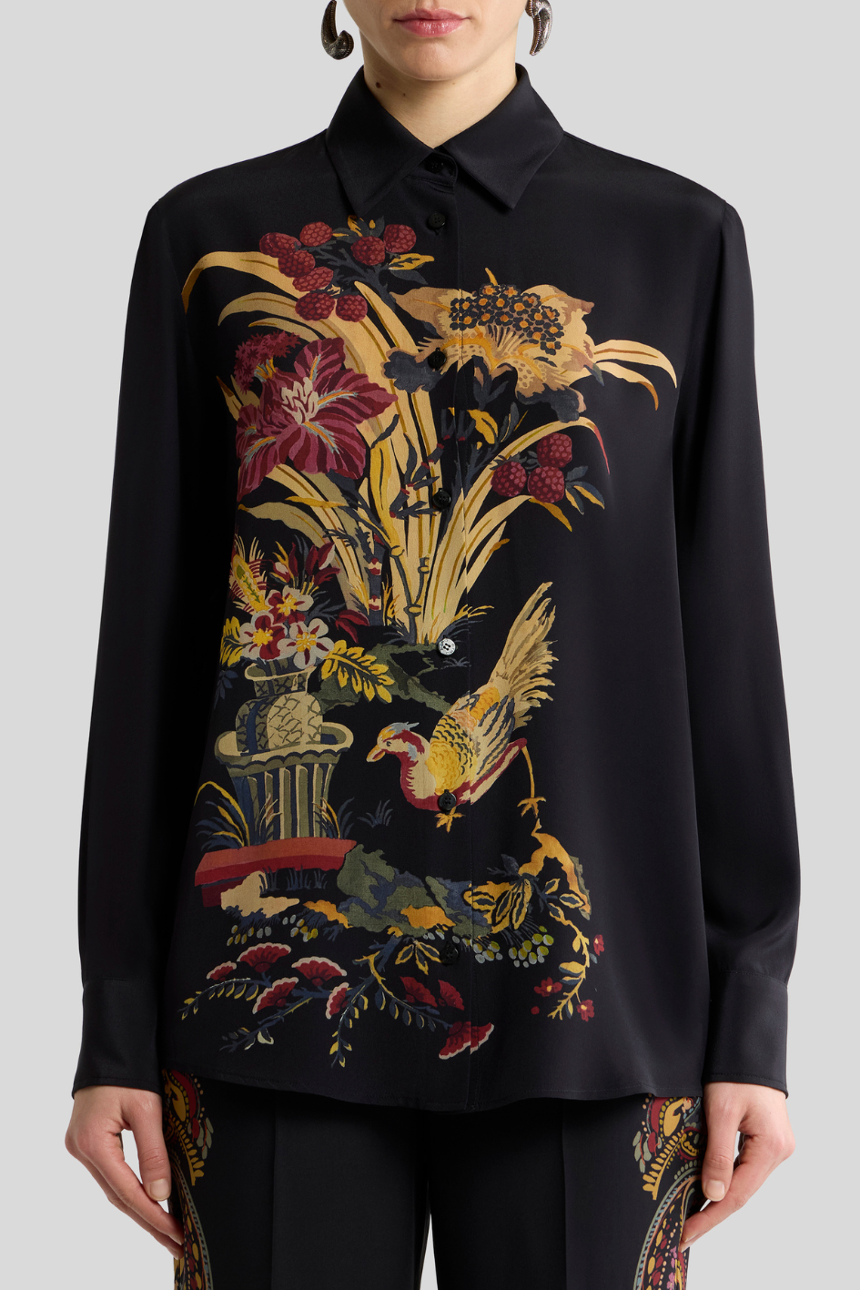 Floral & Bird Print Silk Shirt