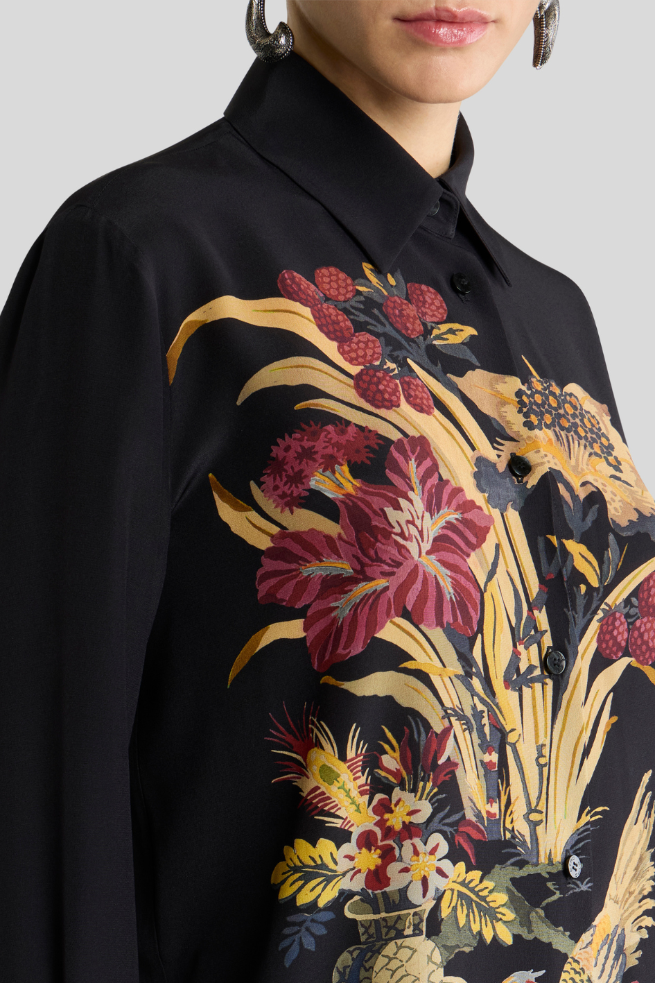 Floral & Bird Print Silk Shirt