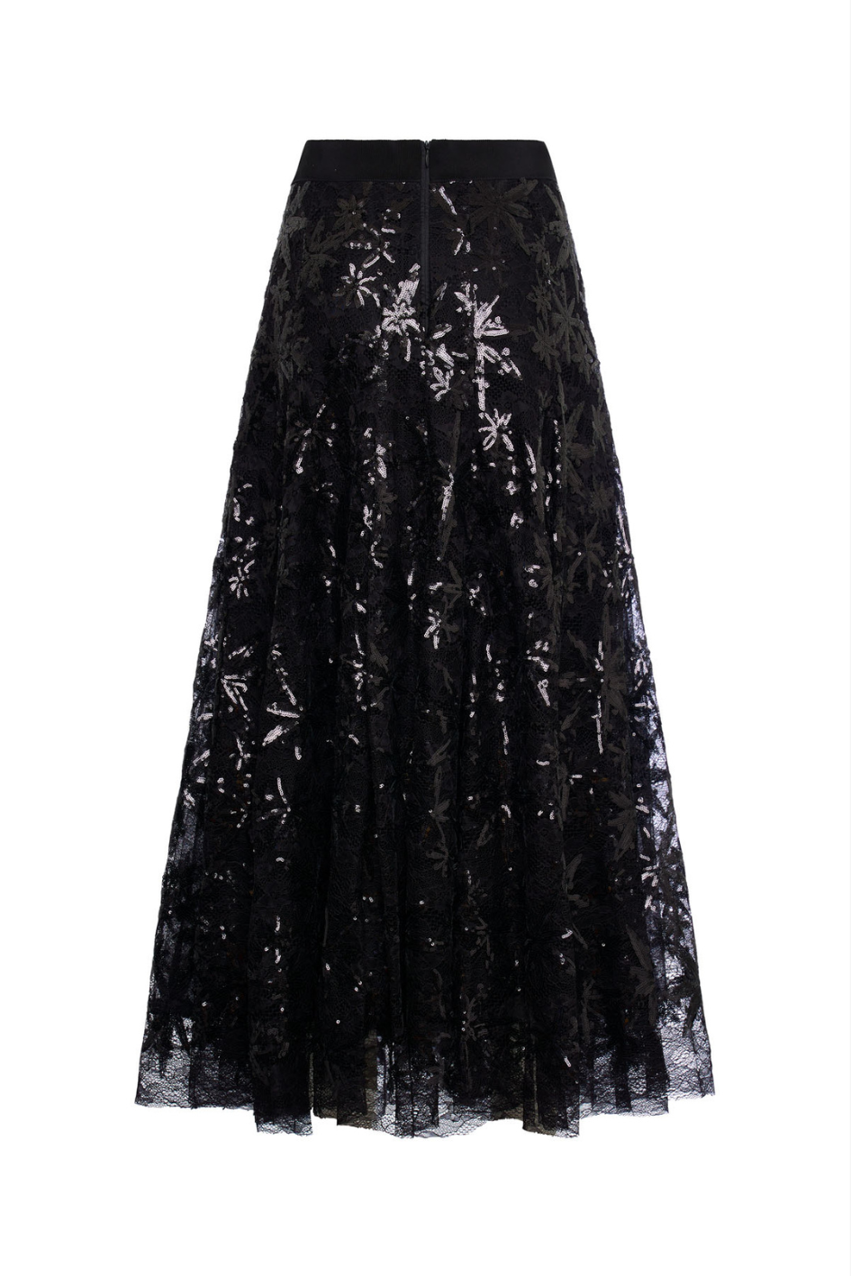 Midi Skirt with Ruffle Hem and Sequin Floral Detail