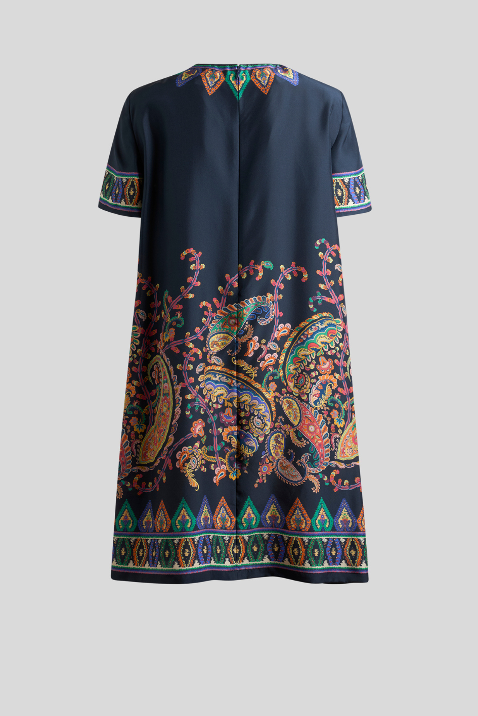Printed Short Sleeve A-Line Dress with Border Detail