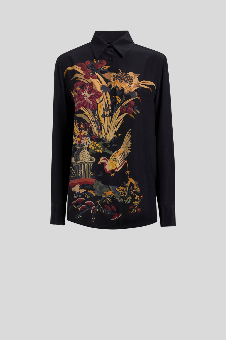Floral & Bird Print Silk Shirt