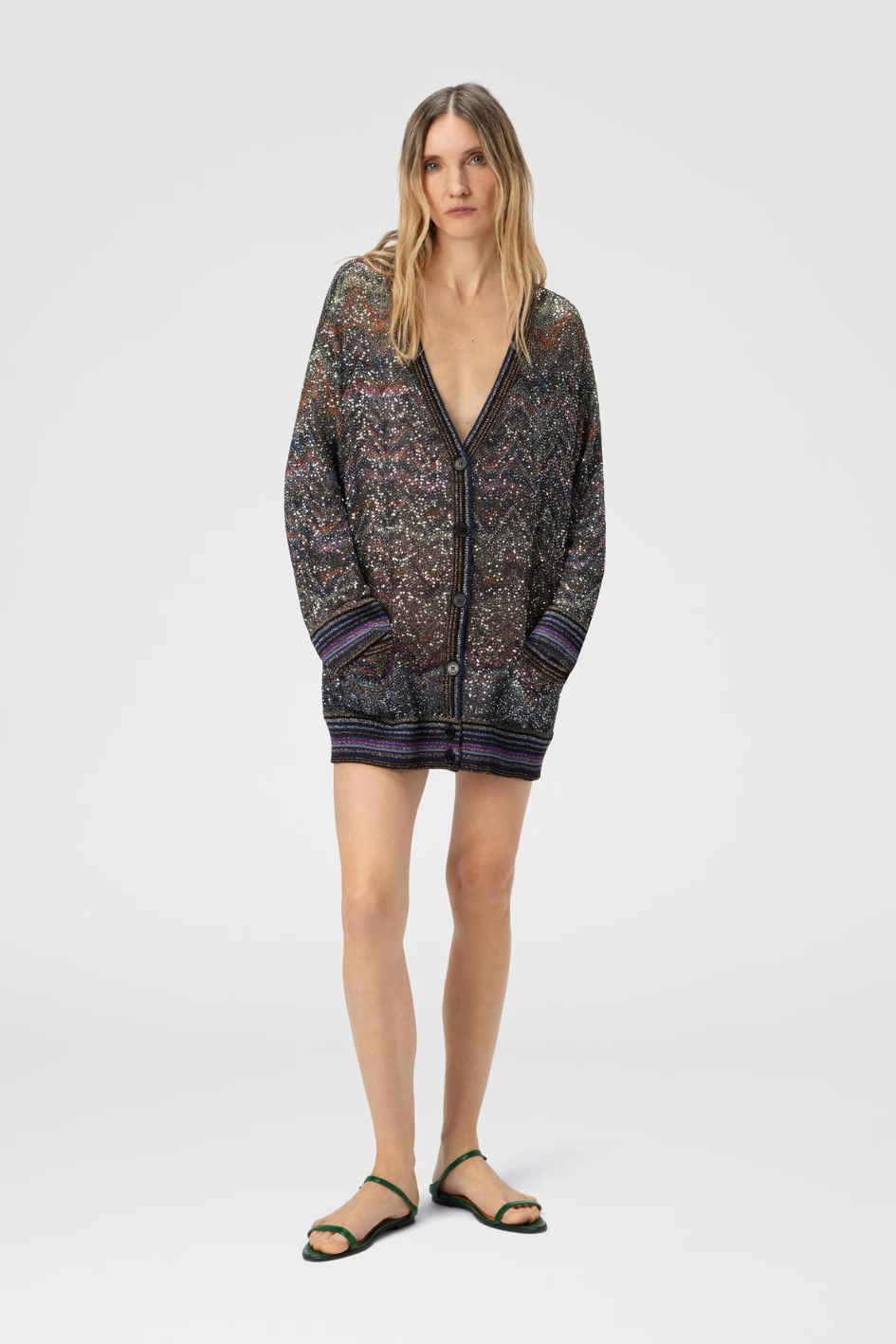 Oversized V-Neck Cardigan with Zigzag Pattern