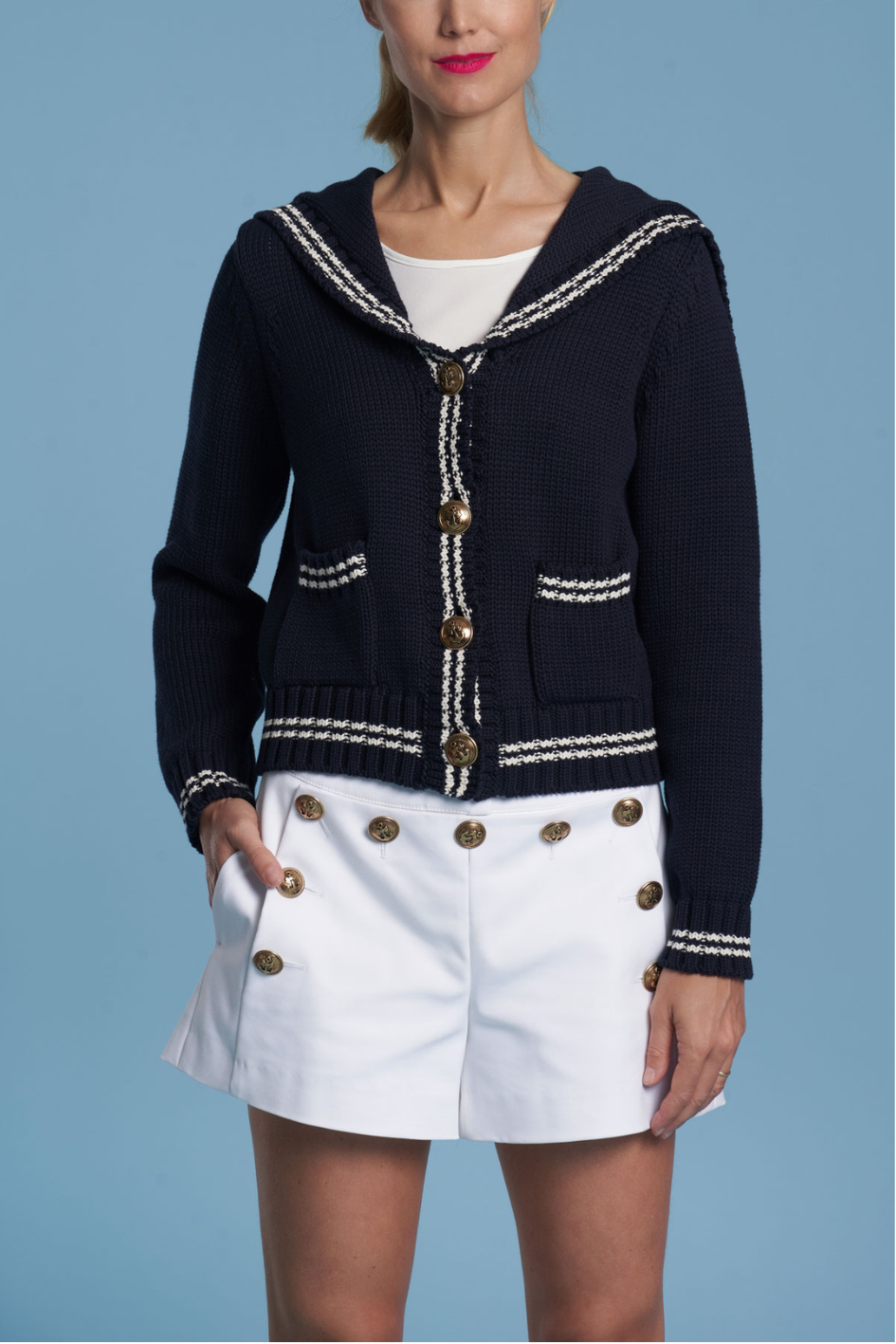 Sailor-Style knit cardigan with embroidered collar