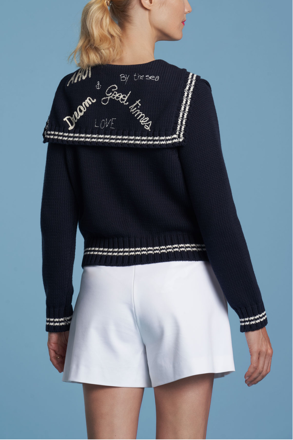 Sailor-Style knit cardigan with embroidered collar