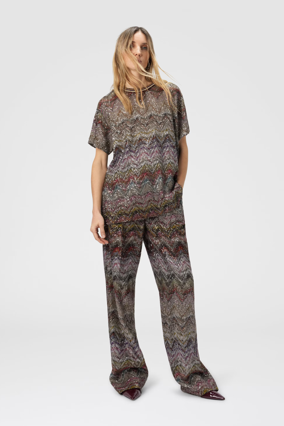 Short Sleeve T-Shirt with Zigzag and Sequins