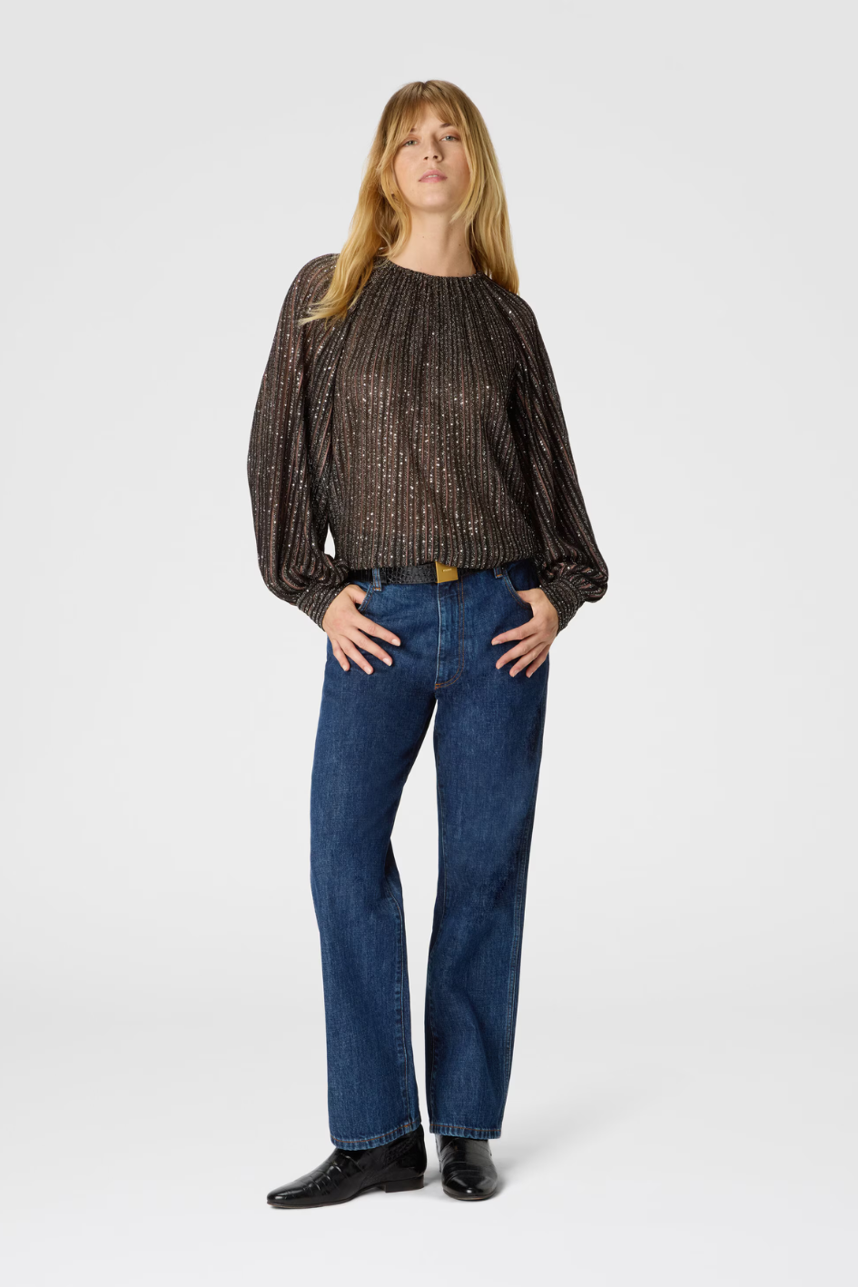 Flared Crew Neck Sweater with Lamé Stripes